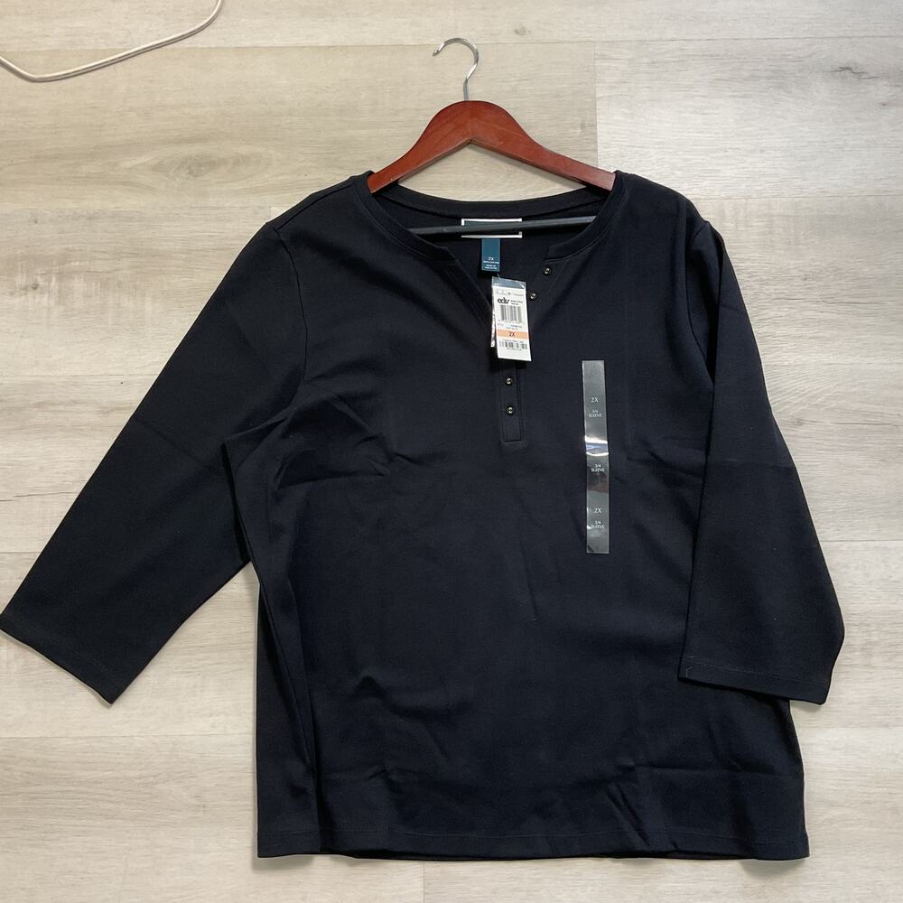 Karen Scott Black Pure Cotton Three Quarter Sleeve Button Top Womens 2X NWT